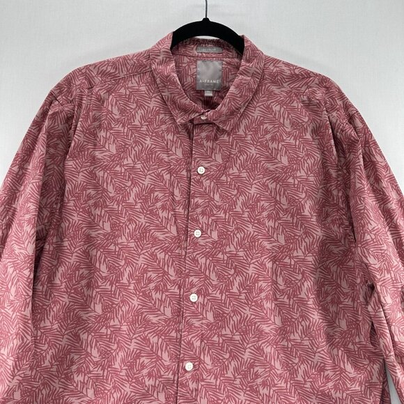 A-FRAME Stretch Button-Up Shirt Mens Size XL Regular Fit Leaf Print Pink/Red - Picture 3 of 11